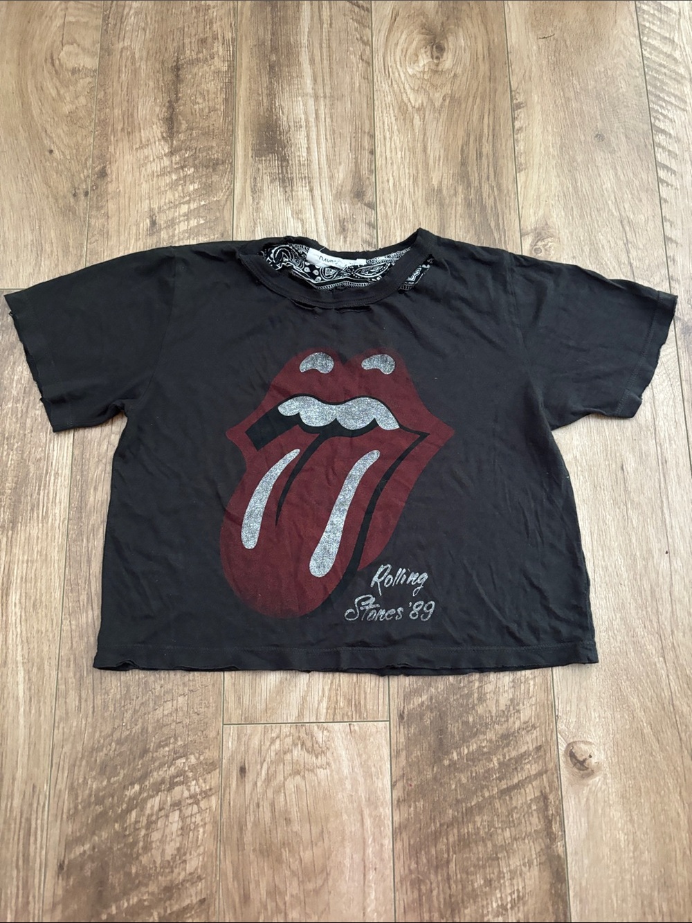 Rolling Stones Black Crop Tee with Red & Silver Tongue Graphic